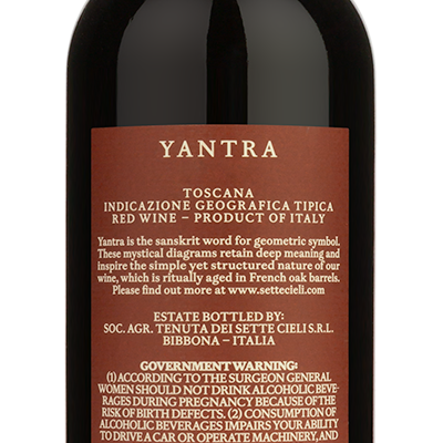 Tenuta Sette Cieli Yantra Super Tuscan wine bottle featuring winery back image.