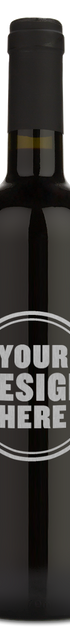 A wine bottle with a silver engraving featuring the words Your Design Here inside a circle.