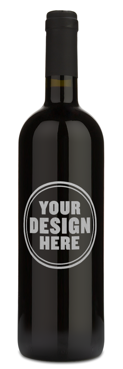 A wine bottle with a silver engraving featuring the words Your Design Here inside a circle.
