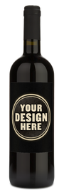 A wine bottle with a black label displaying the words YOUR DESIGN HERE in bold white letters.