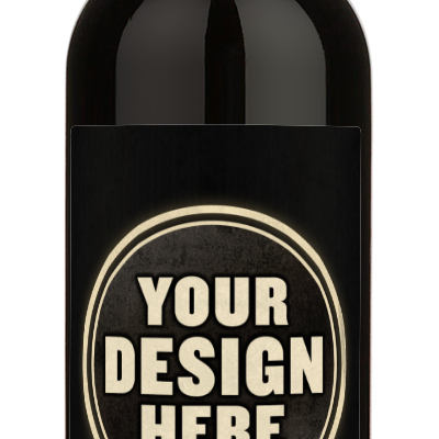 A wine bottle with a black label displaying the words YOUR DESIGN HERE in bold white letters.