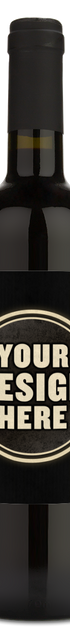 A wine bottle with a black label displaying the words YOUR DESIGN HERE in bold white letters.