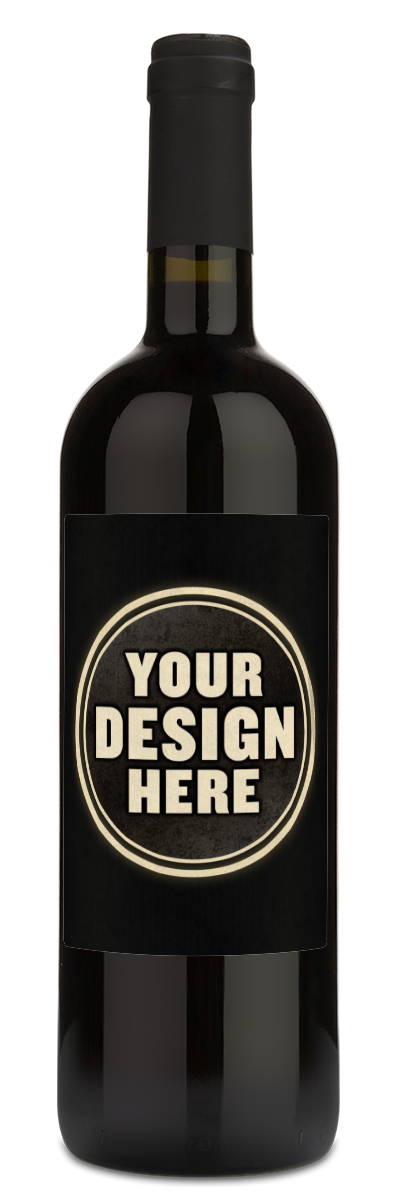 A wine bottle with a black label displaying the words YOUR DESIGN HERE in bold white letters.