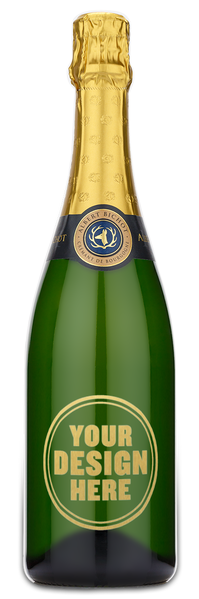 Green Albert Bichot wine bottle with gold foil on top, labeled for Cremant de Bourgogne Brut Reserve.