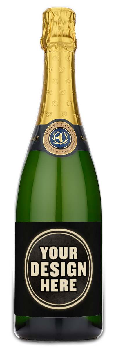 A green glass bottle labeled Albert Bichot Cremant de Bourgogne Brut Reserve with a custom label visible.