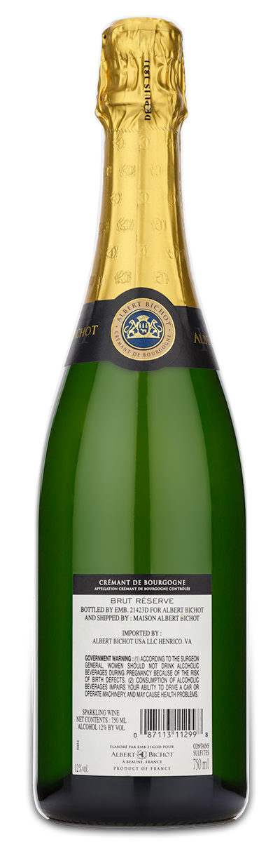 Green bottle of AlbertBichot Cremant de Bourgogne Brut Reserve with gold foil and a white back label.
