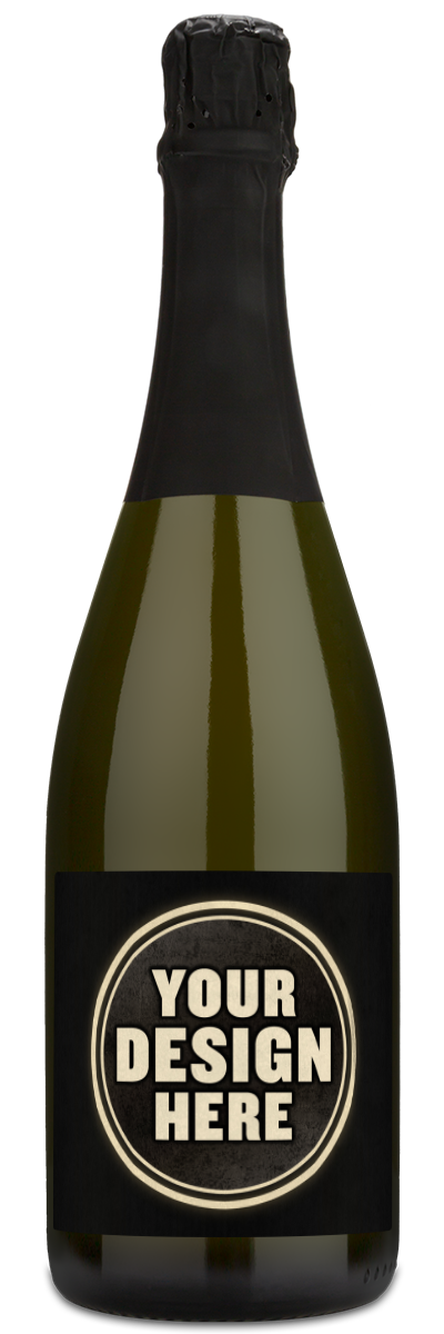 A personalized Avaline Brut Prosecco bottle by Personal Wine with a blank label reading YOUR DESIGN HERE in bold white letters.
