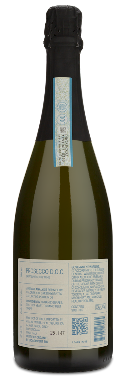 A personalized Avaline Brut Prosecco by Personal Wine with a custom label and black foil top.