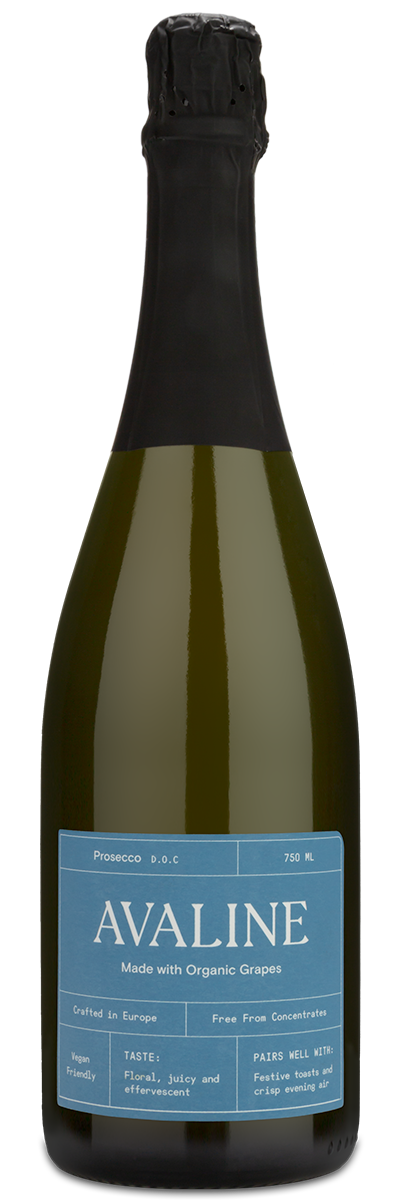 A bottle of Avaline Brut Prosecco by Personal Wine with a blue custom label and black foil-wrapped top.