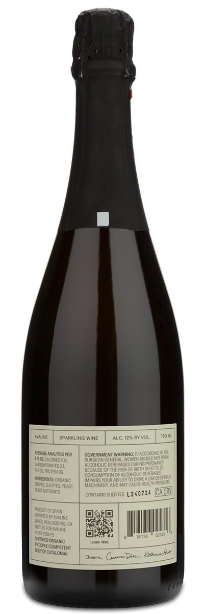 A bottle of Avaline Sparkling Wine showing the winery back label.