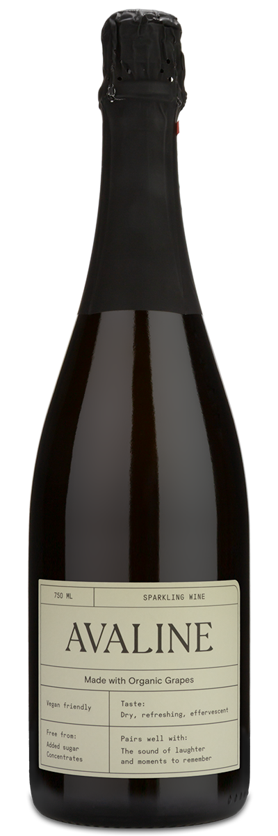 A bottle of Avaline Sparkling Wine showing the winery front label.