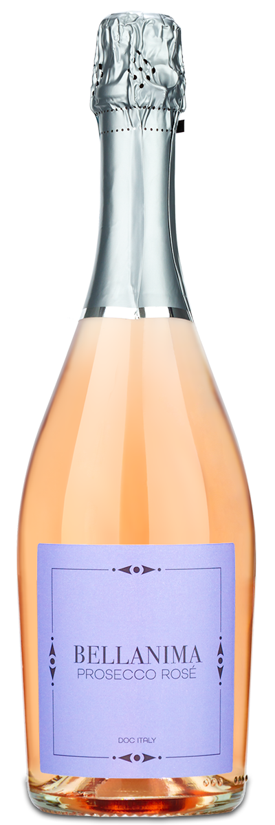 A Bellanima Prosecco Rosé sparkling wine bottle with a light pink label and foil-wrapped neck.