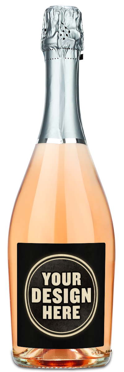 A bottle of Bellanima Prosecco Rosé with a blank label that says Your Design Here on the front.