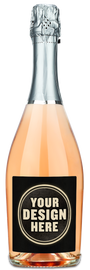 A bottle of Bellanima Prosecco Rosé with a blank label that says Your Design Here on the front.