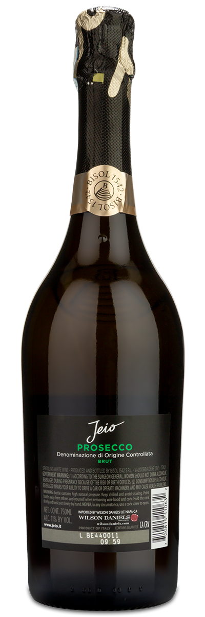 Bisol Jeio Brut Prosecco showing original winery back label