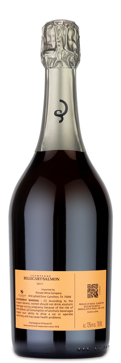 A Billecart-Salmon Brut Rosé bottle with a custom label, foil neck wrap, and a QR code on the back.
