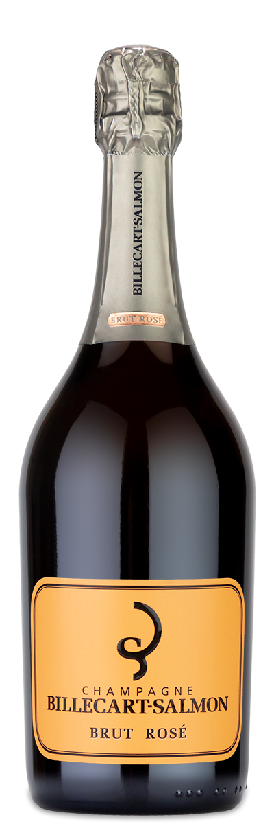 A custom-engraved Billecart-Salmon Brut Rosé with a gold label.