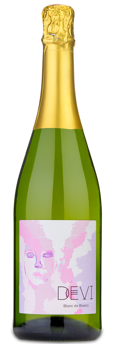 A bottle of Devi Blanc de Blancs brut champagne with gold foil and a pastel label showing a womans face.