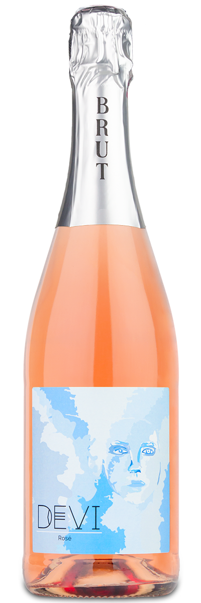 A bottle of Devi Brut Rosé with BRUT on the foil top and a blue abstract face design on the label.