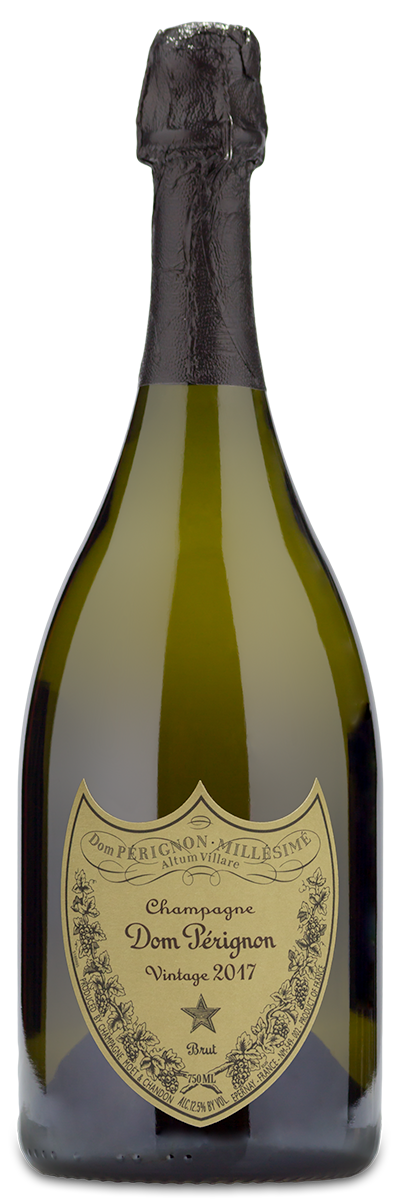 A bottle of moet-hennessey 2017 Dom Perignon Brut Champagne with a gold label on a white background.