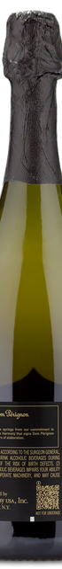 Back view of a 2017 Dom Perignon Brut Champagne by moet-hennessey showing label with barcode and government warning.
