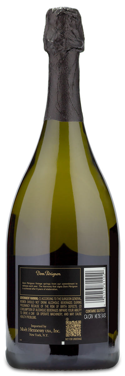Back view of a 2017 Dom Perignon Brut Champagne by moet-hennessey showing label with barcode and government warning.