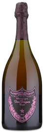 A bottle of 2010Dom Perignon Vintage Rosé with a pink and black label and foil-wrapped cork.