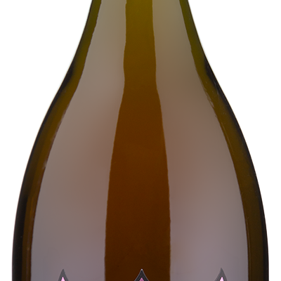 A bottle of 2010Dom Perignon Vintage Rosé with a pink and black label and foil-wrapped cork.