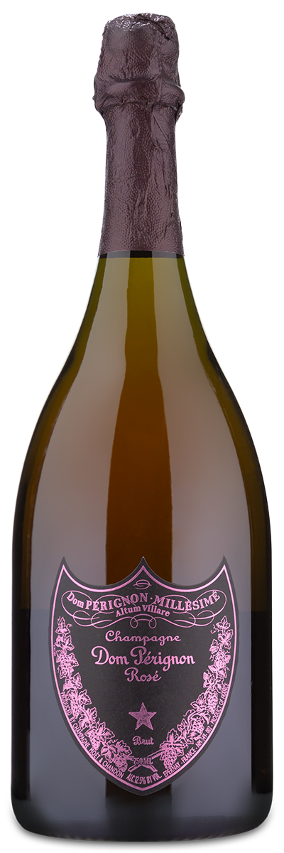 A bottle of 2010Dom Perignon Vintage Rosé with a pink and black label and foil-wrapped cork.