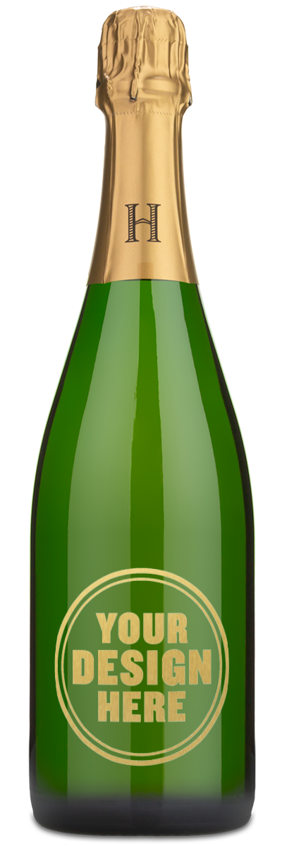 Henriot Champagne Brut Souverain bottle with gold foil and a label that says YOUR DESIGN HERE in bold gold letters.