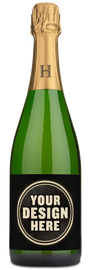 A Henriot Champagne Brut Souverain bottle with a black label showing the words Your Design Here.