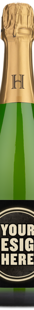 A Henriot Champagne Brut Souverain bottle with a black label showing the words Your Design Here.