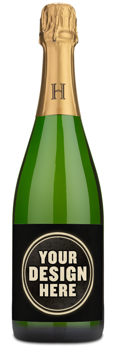 A Henriot Champagne Brut Souverain bottle with a black label showing the words Your Design Here.