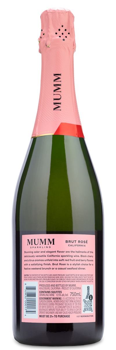 A dark green bottle of Mumm Napa Brut Rosé with a pink foil top and matching label.