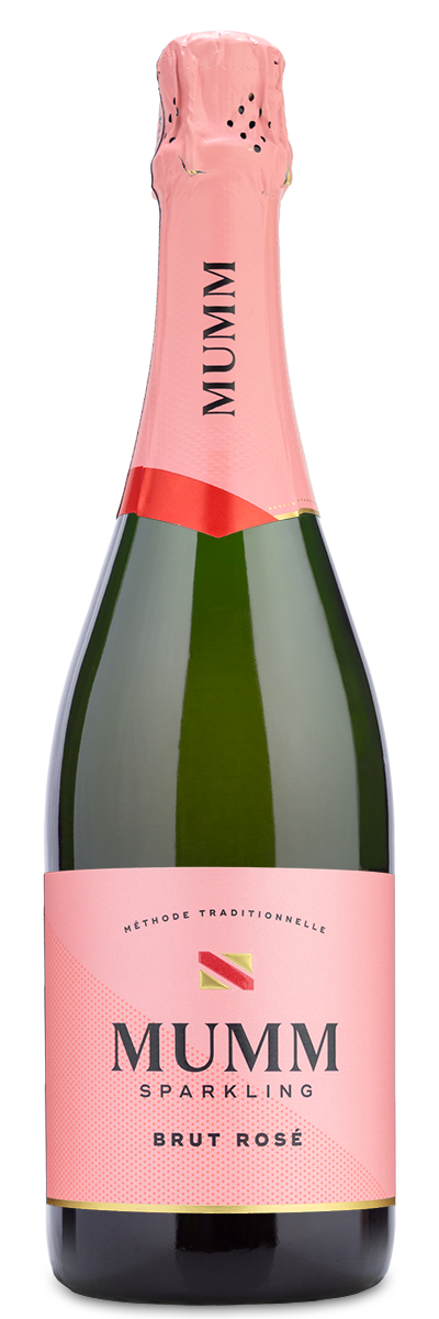Mumm Napa Brut Rosé sparkling wine bottle with pink label and foil, shown against a white background.