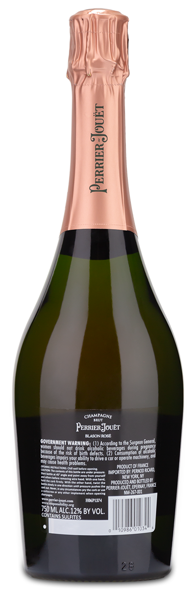 Perrier-Jouët Blason Rosé Champagne bottle with pink foil and ornate black label, seen from the back.