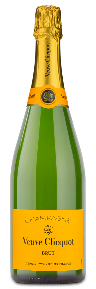 A bottle of Veuve Clicquot Brut Champagne showing the original winery front label.