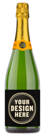 Custom labeled bottle of Veuve Clicquot Champagne with a label that says "Your Design Here."