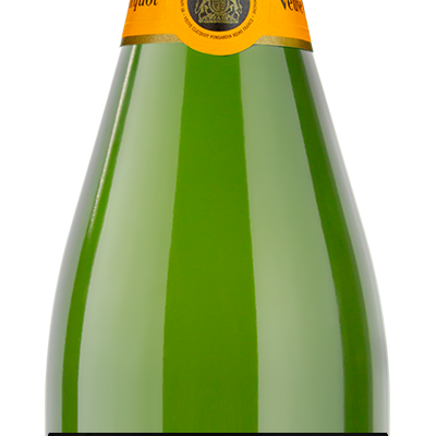 Custom labeled bottle of Veuve Clicquot Champagne with a label that says "Your Design Here."