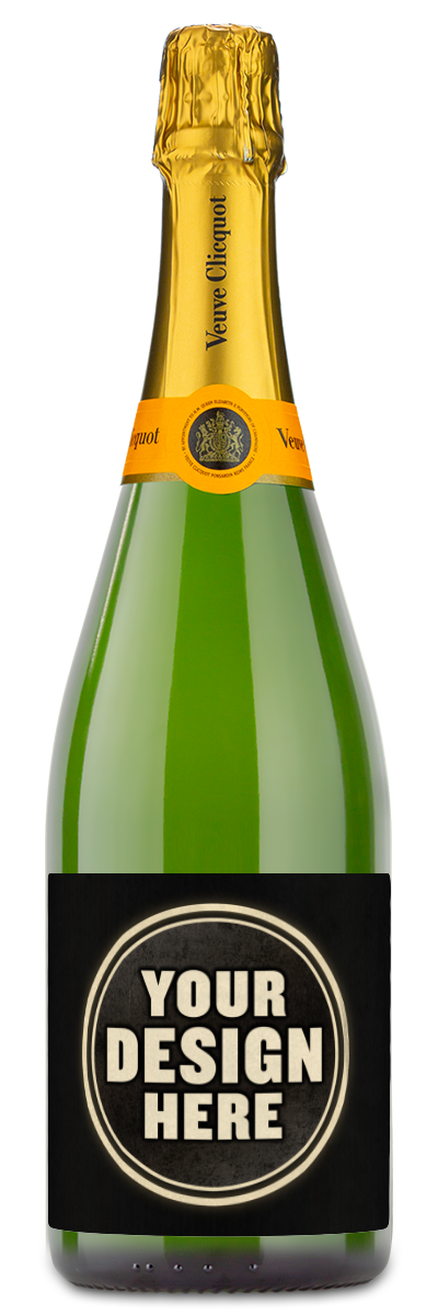 Custom labeled bottle of Veuve Clicquot Champagne with a label that says "Your Design Here."