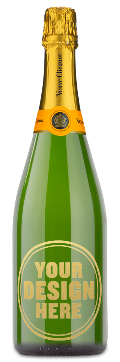 Veuve Clicquot Brut Champagne with an example gold engraving that says "Your Design Here."