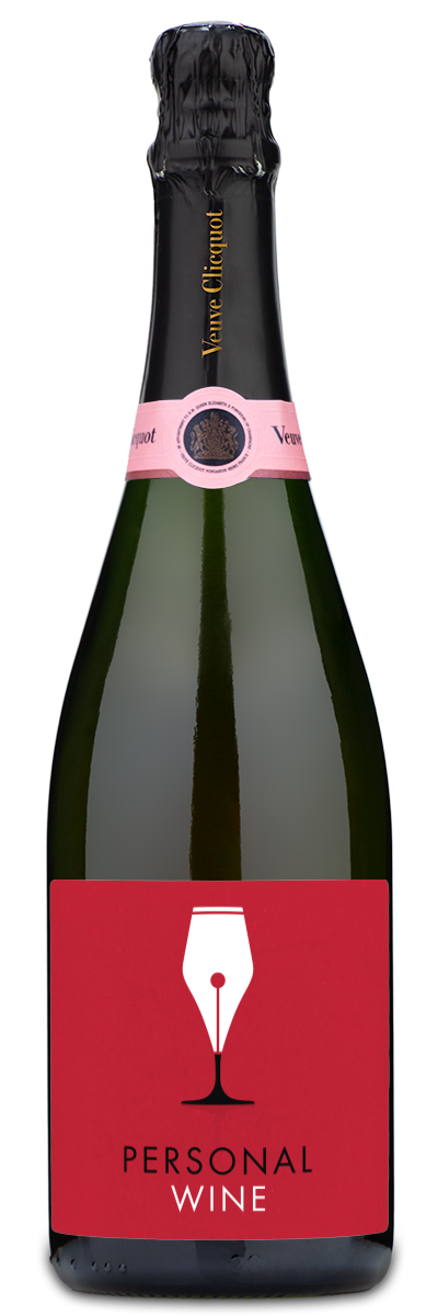 Green Veuve Clicquot Brut Rosé bottle with pink foil top and red label, showing personalized text on the label.