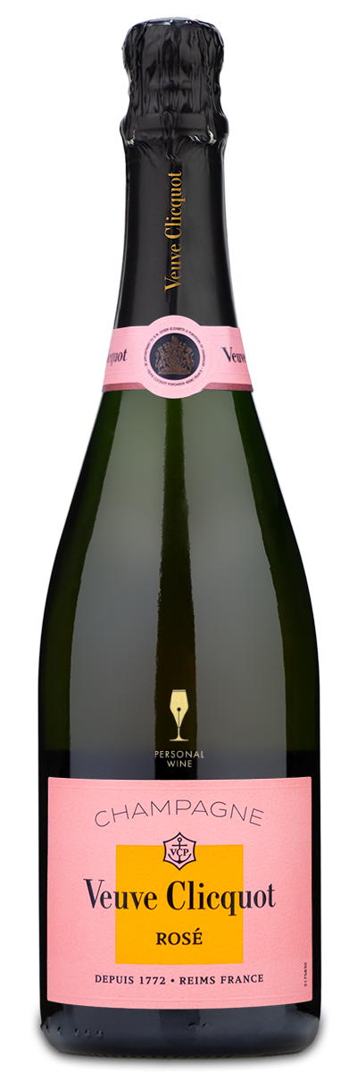 A bottle of Veuve Clicquot Brut Rose champagne with its distinctive pink label and foil, standing upright.