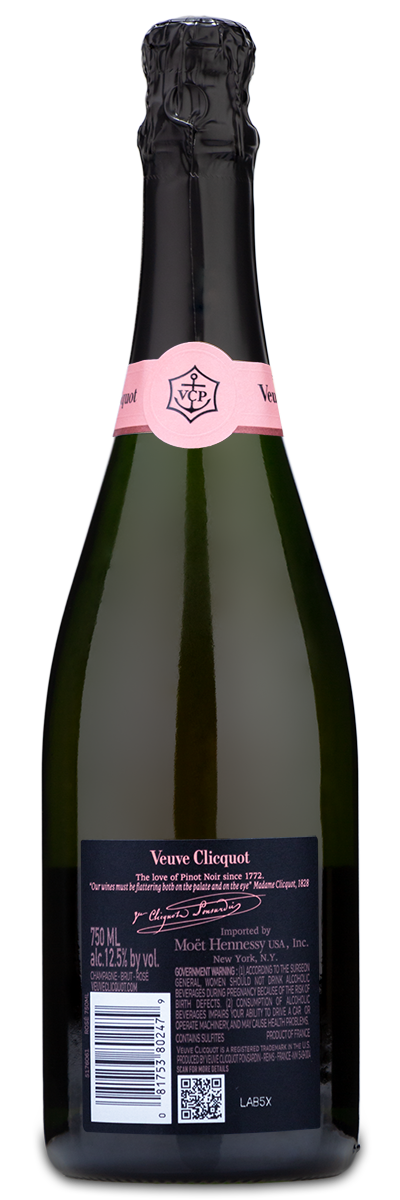 Back of a Veuve Clicquot Brut Rose bottle with pink foil and a visible custom label.
