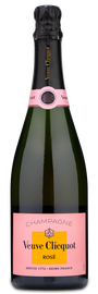 A bottle of Veuve Clicquot Brut Rosé with a pink label and matching pink foil on the neck.