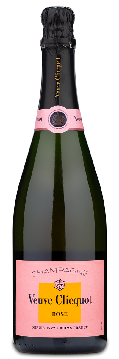 A bottle of Veuve Clicquot Brut Rosé with a pink label and matching pink foil on the neck.