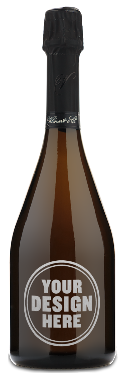 A dark Vilmart Grand Cellier Brut bottle with a round white label that says YOUR DESIGN HERE in bold letters.