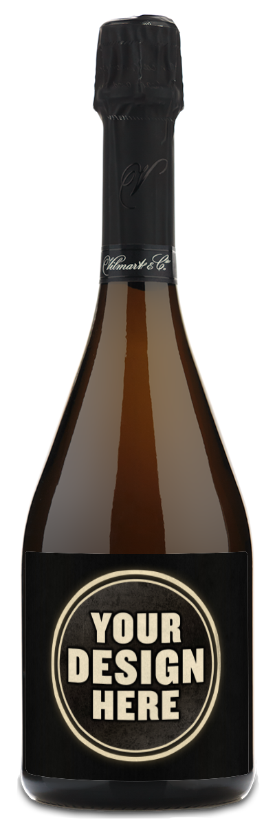 A dark wine bottle with a label reading Your Design Here against a plain background.