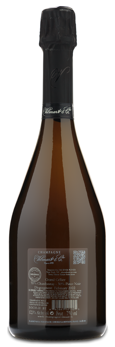 A dark Champagne bottle with black foil and a silver Vilmart Grand Cellier Brut label on the back.