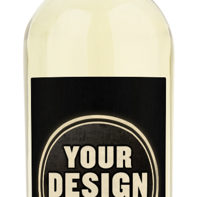 A wine bottle featuring a plain black label.